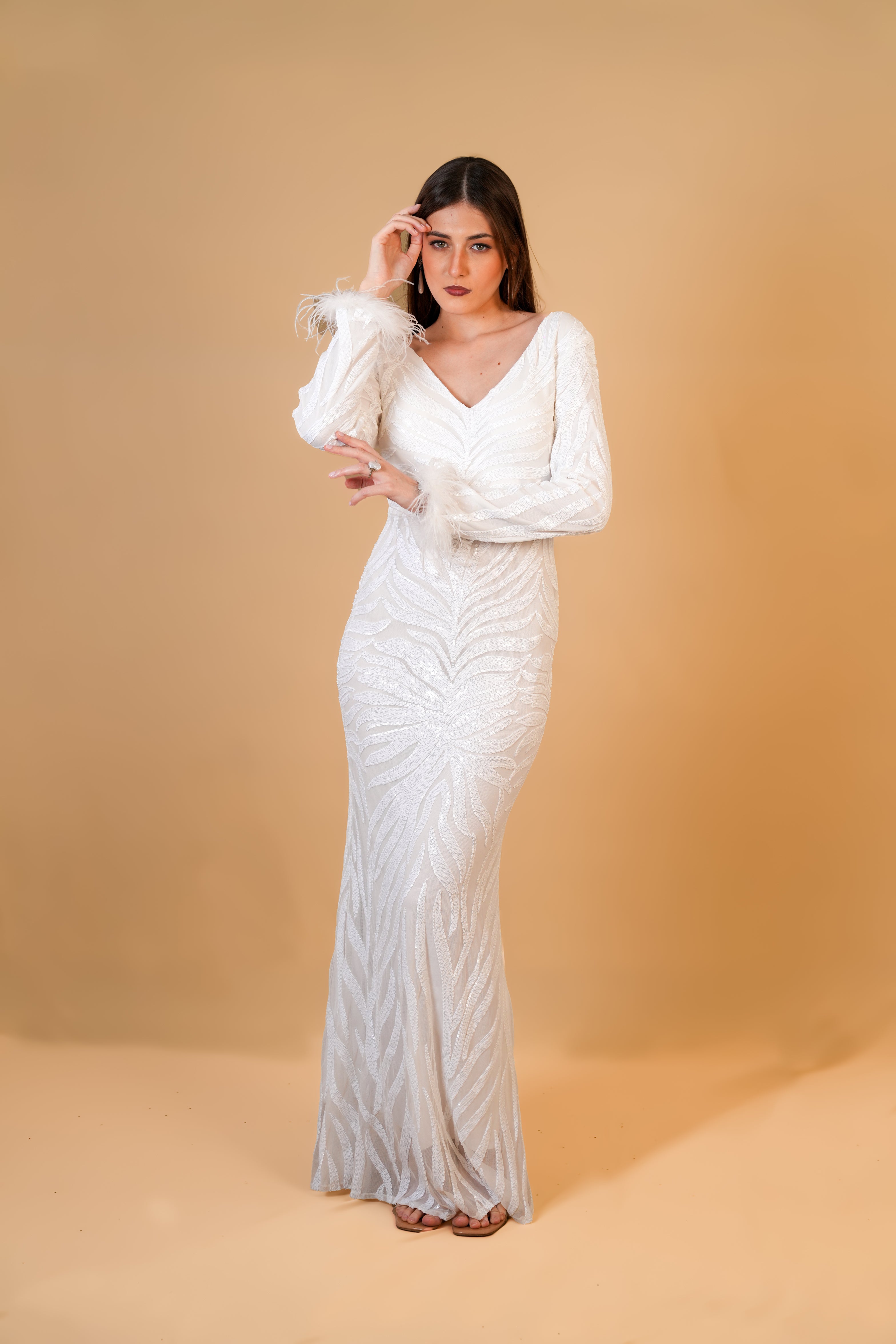 White Sequin Feather Sleeve Gown