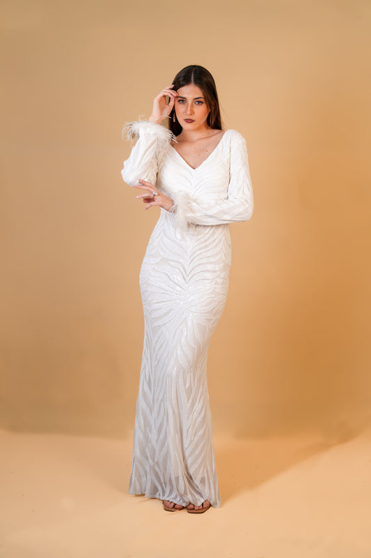 White Sequin Feather Sleeve Gown