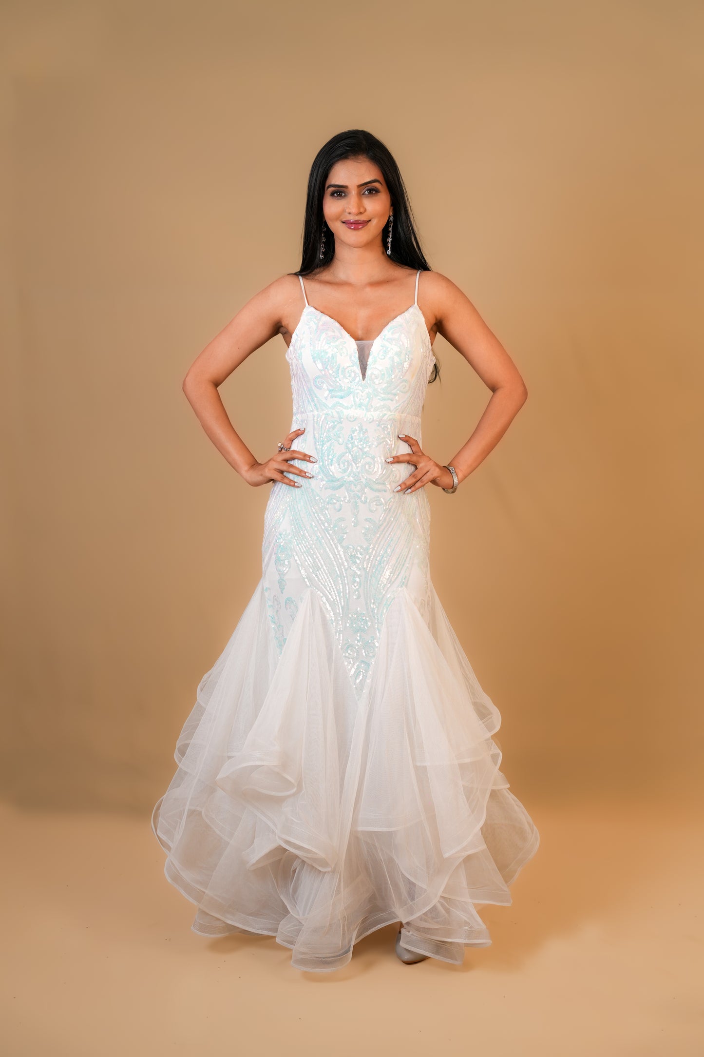 White Layered Sequin Mermaid Gown