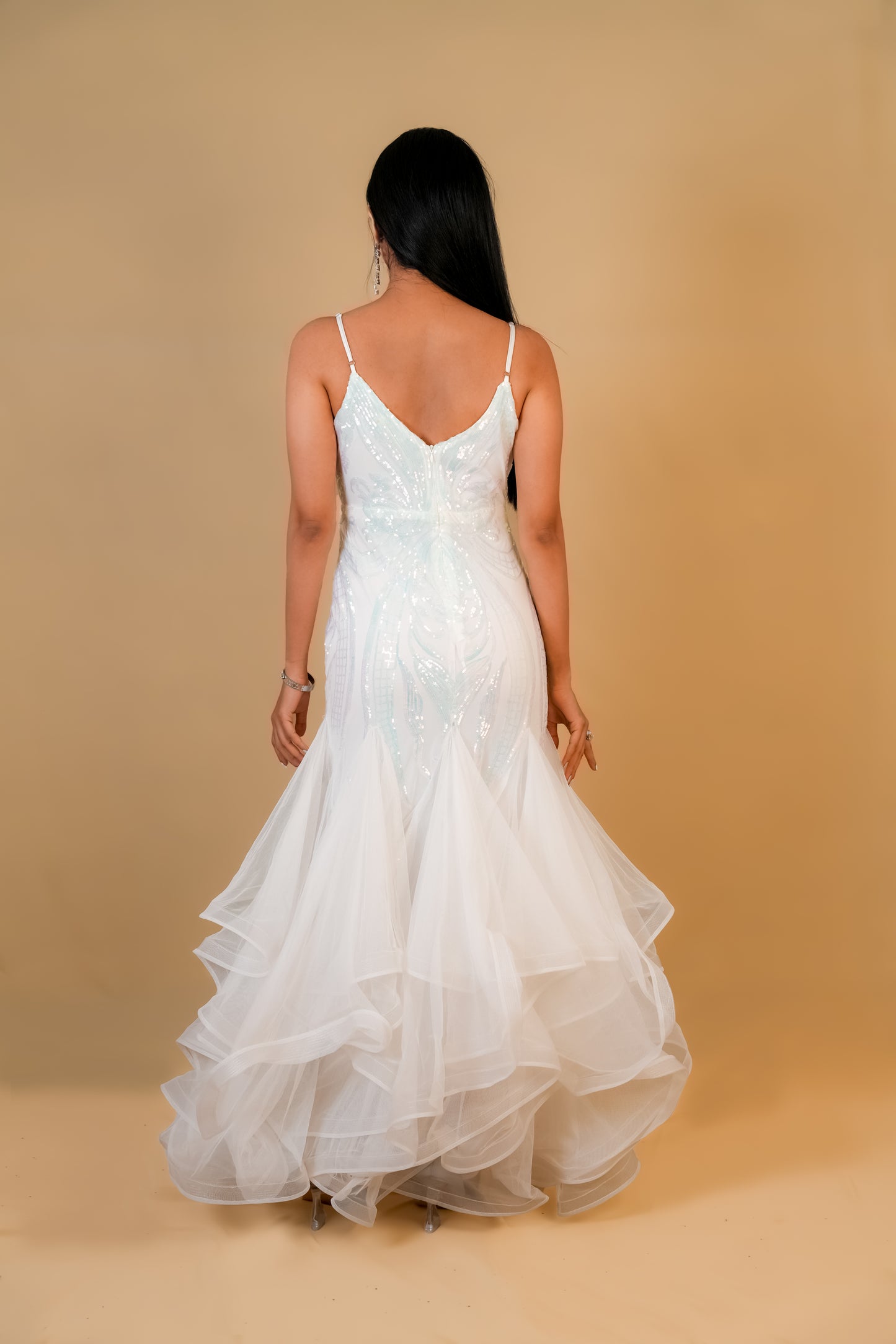 White Layered Sequin Mermaid Gown