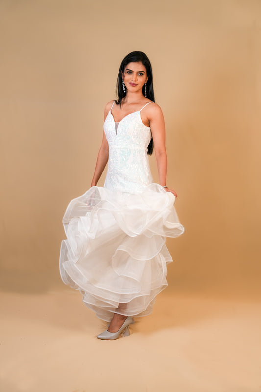 White Layered Sequin Mermaid Gown