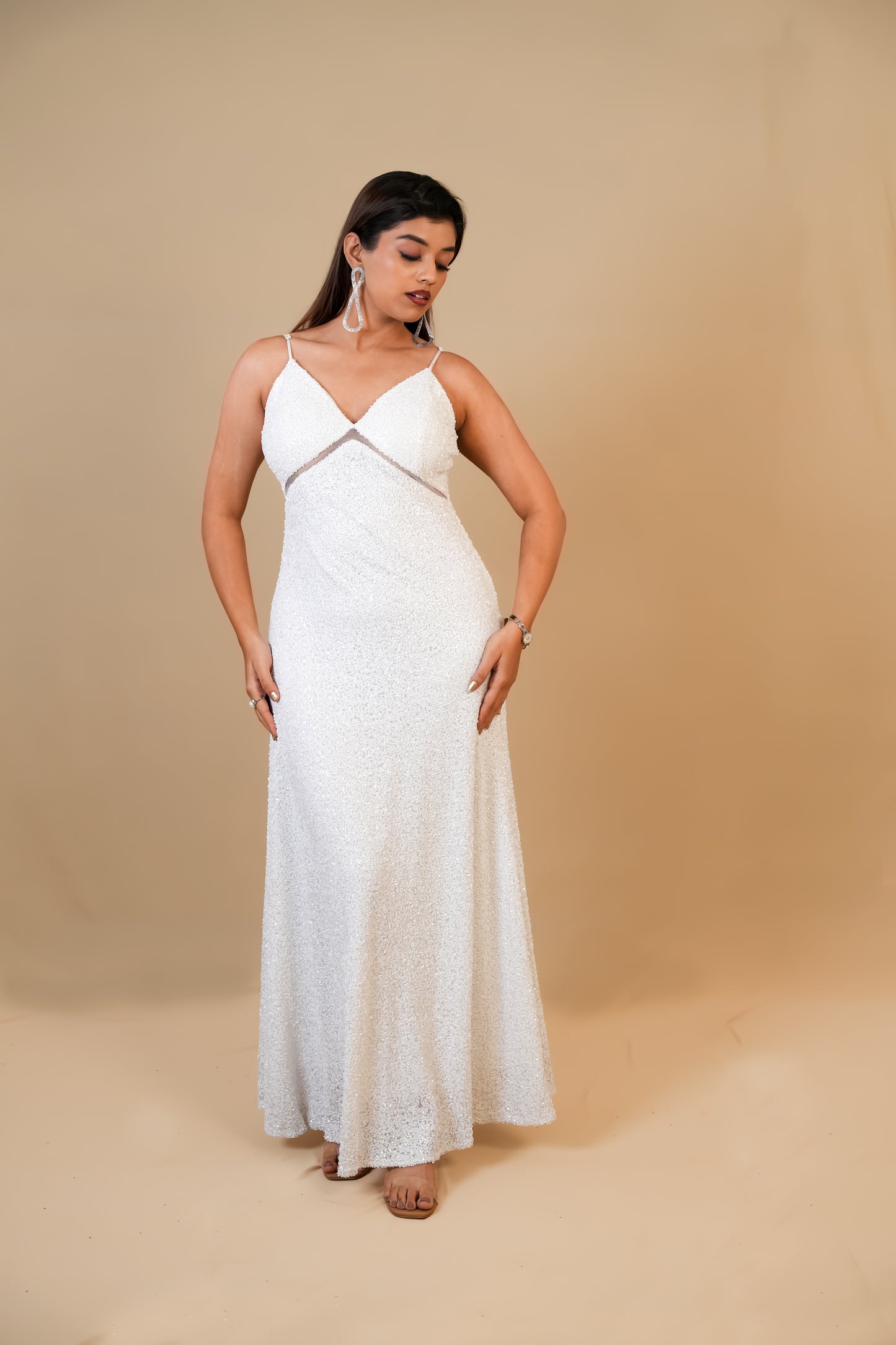 White Sequin Spaghetti Strap Gown