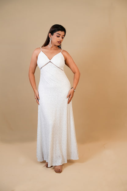 White Sequin Spaghetti Strap Gown