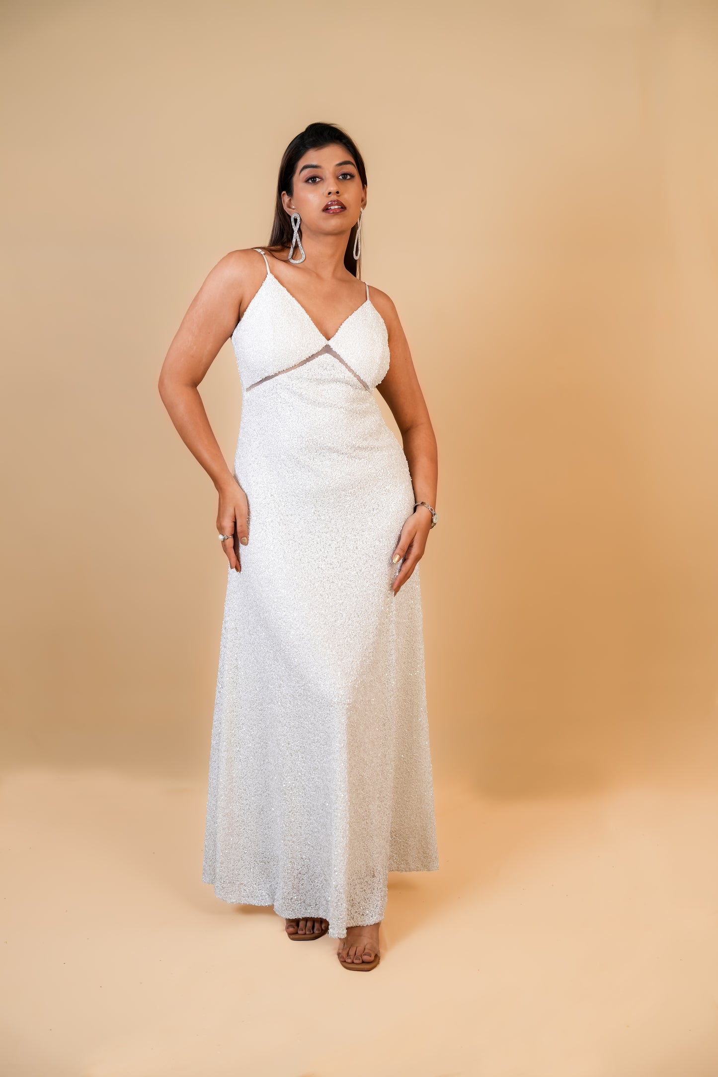 White Sequin Spaghetti Strap Gown