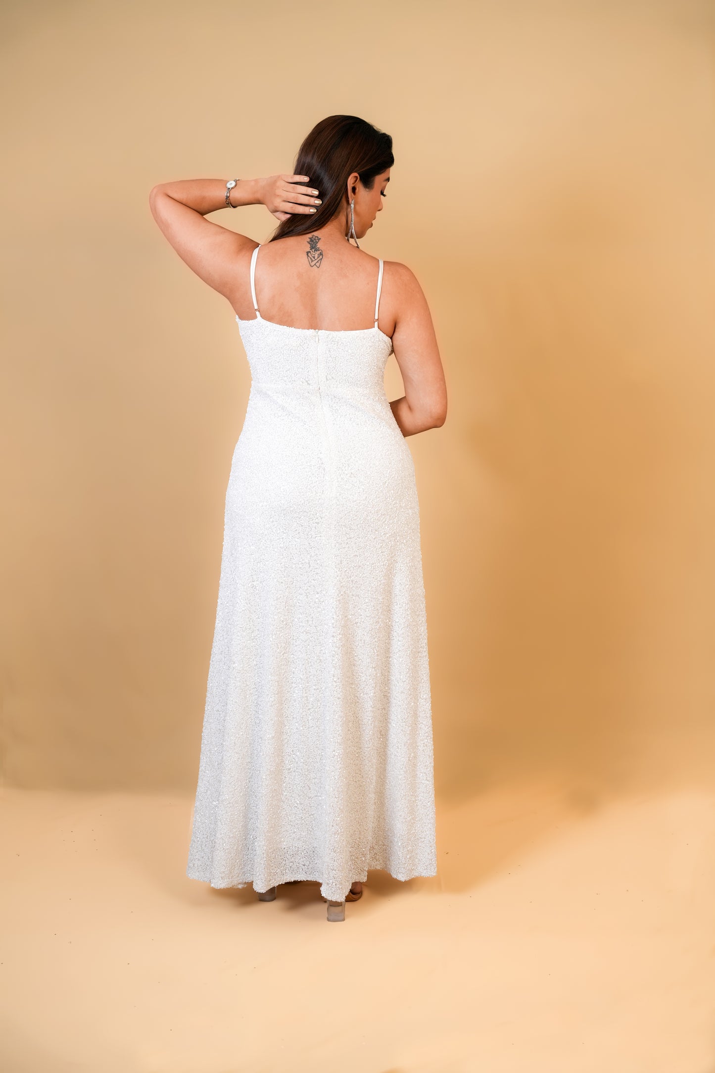 White Sequin Spaghetti Strap Gown