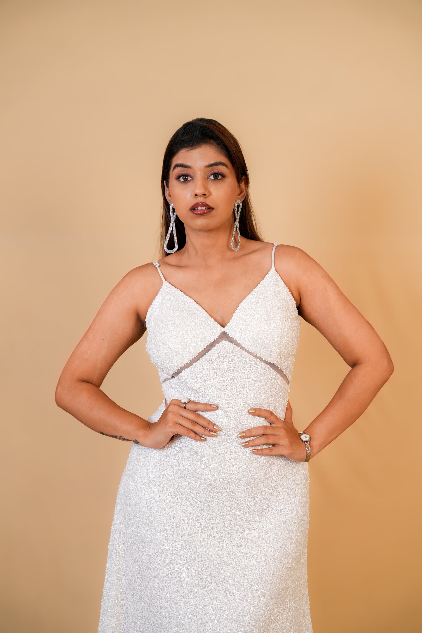 White Sequin Spaghetti Strap Gown