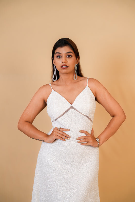 White Sequin Spaghetti Strap Gown