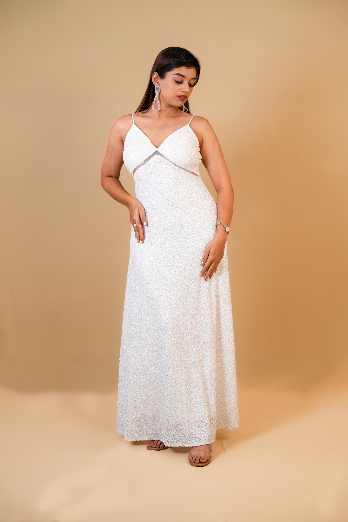 White Sequin Spaghetti Strap Gown