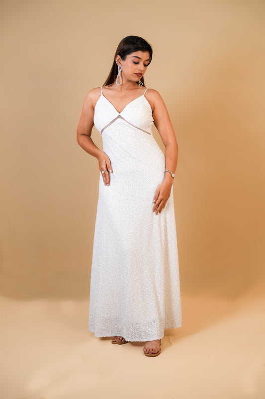 White Sequin Spaghetti Strap Gown