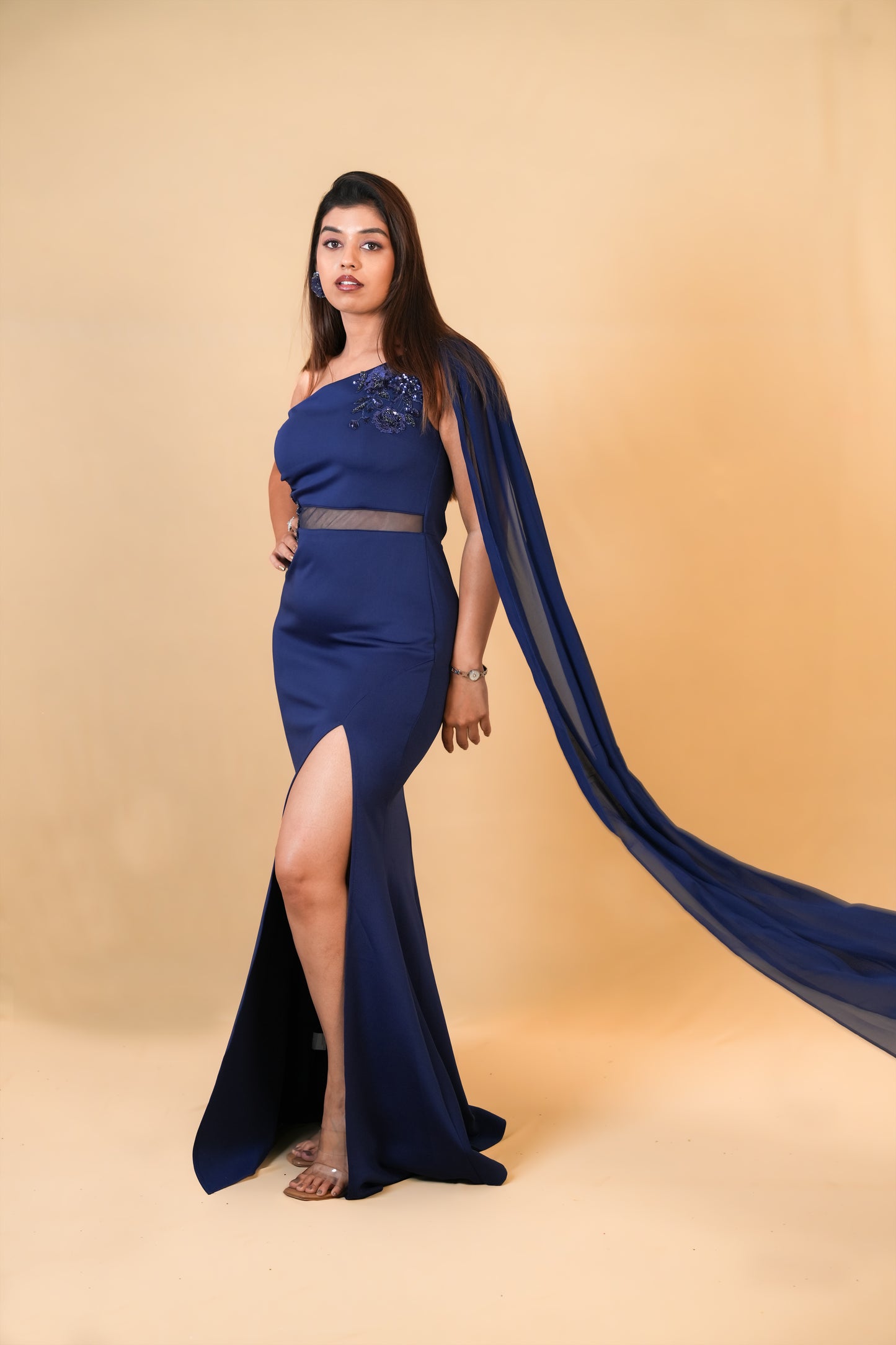 Navy Blue One-Shoulder Slit Gown with Cape
