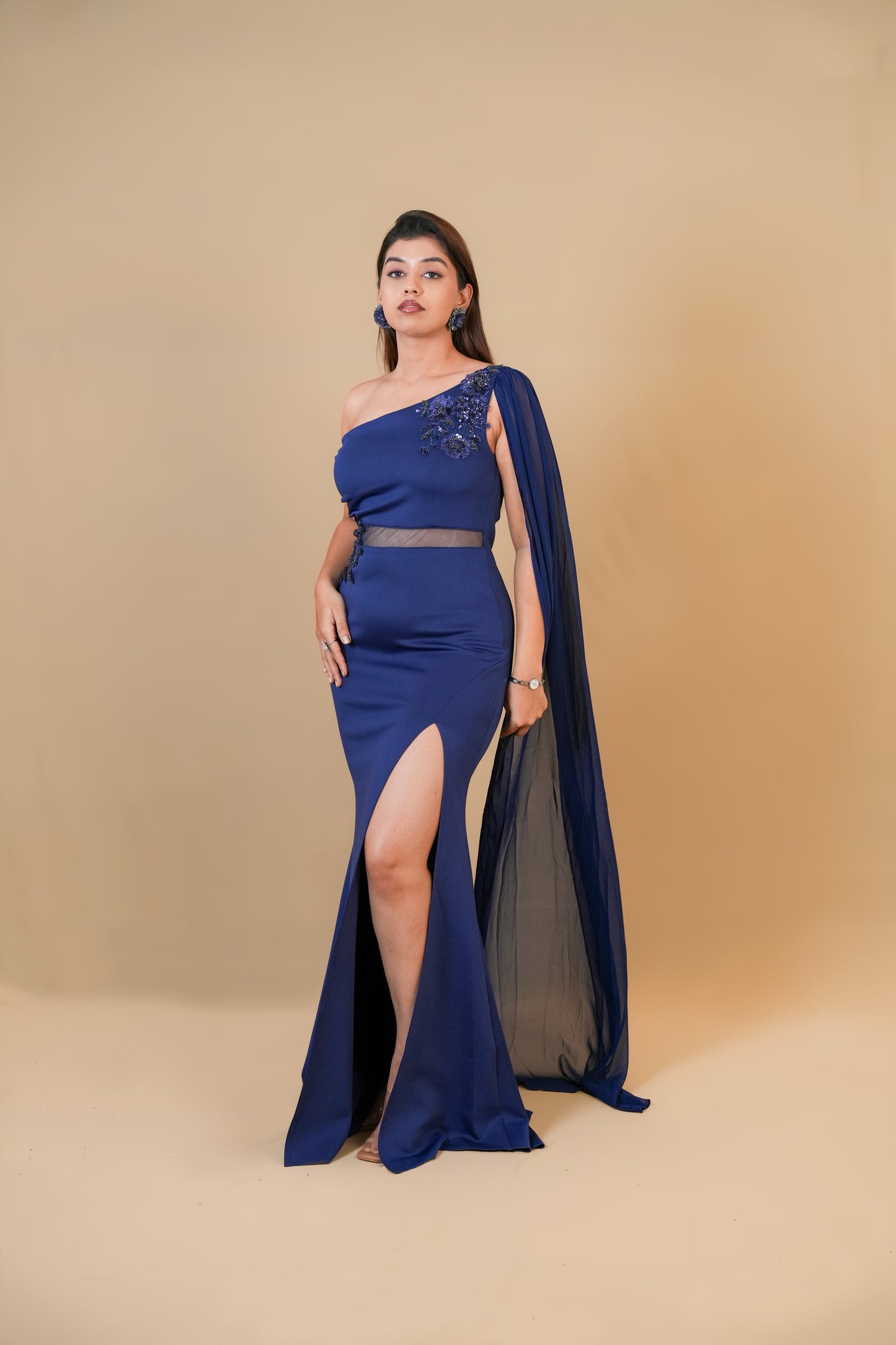 Navy Blue One-Shoulder Slit Gown with Cape