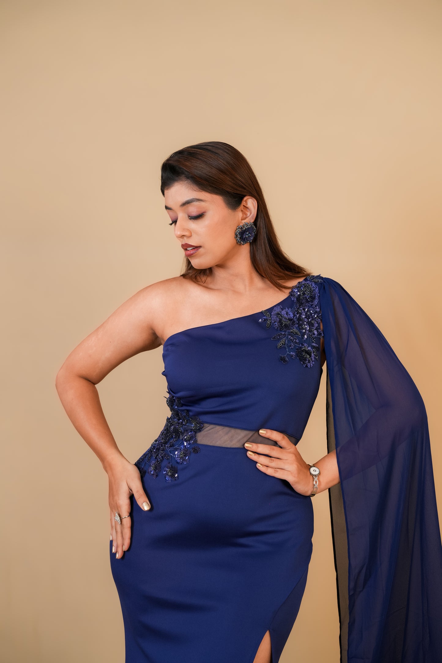 Navy Blue One-Shoulder Slit Gown with Cape