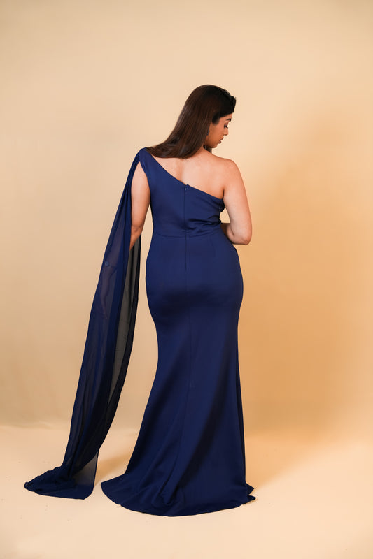 Navy Blue One-Shoulder Slit Gown with Cape