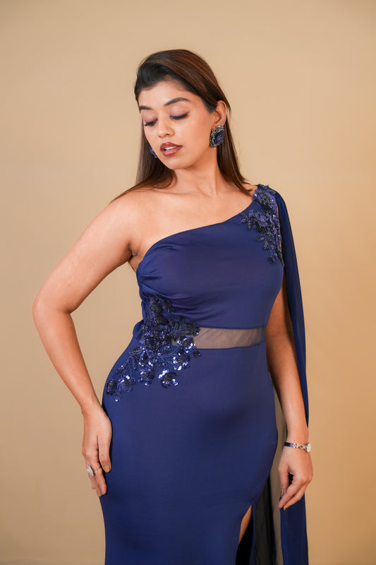 Navy Blue One-Shoulder Slit Gown with Cape