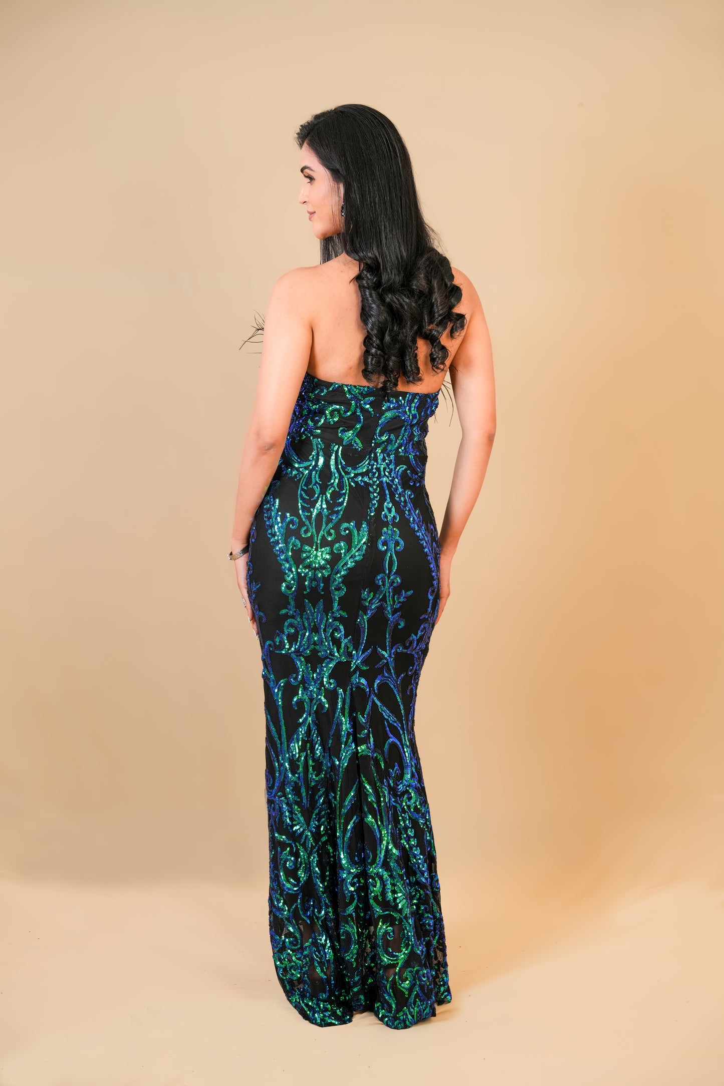 Black & Emerald Green Sequin Strapless Gown with Feather Detailing