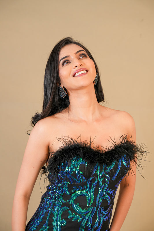Black & Emerald Green Sequin Strapless Gown with Feather Detailing
