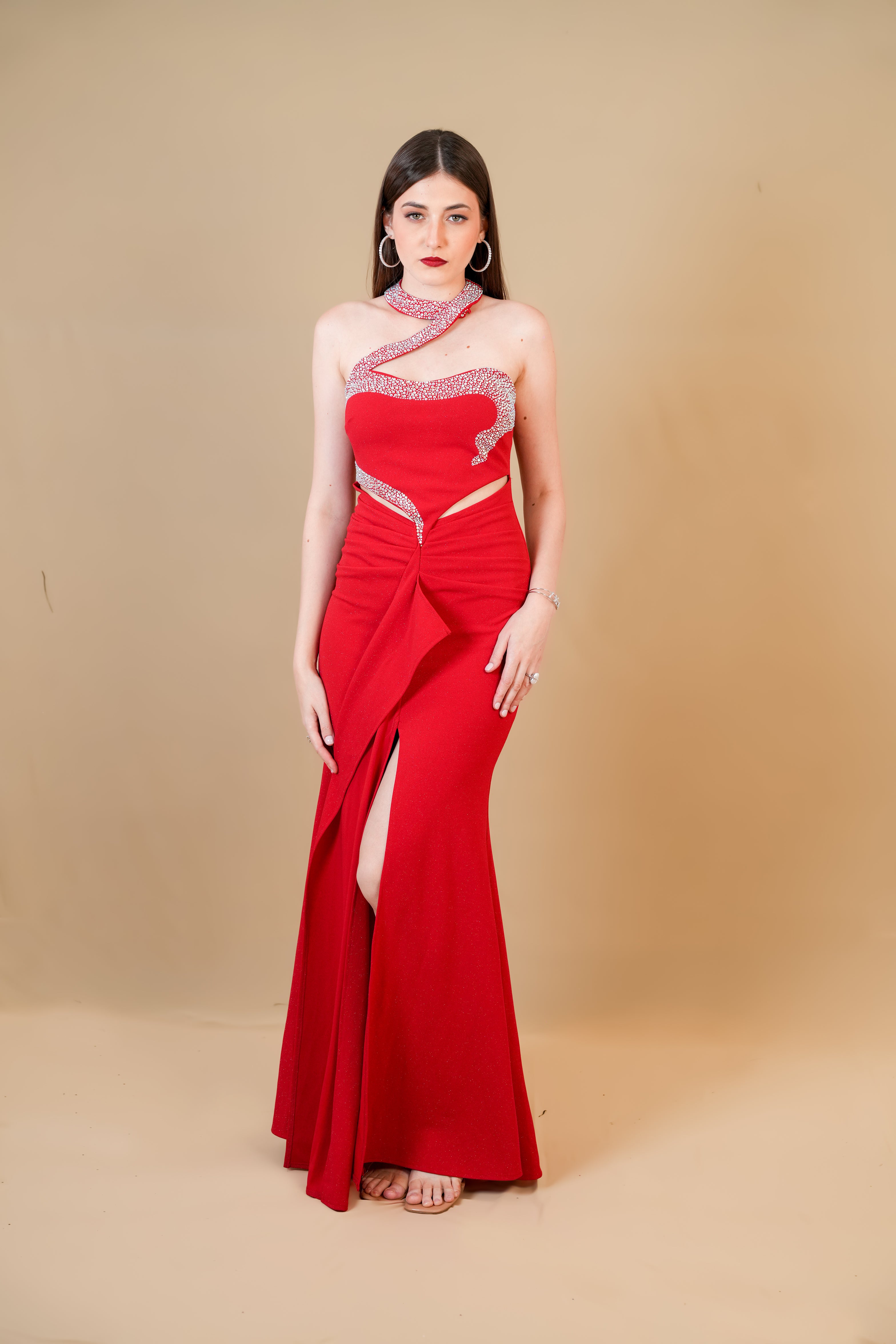 Red Embellished Cutout Slit Gown