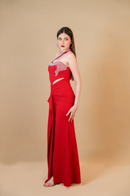 Red Embellished Cutout Slit Gown