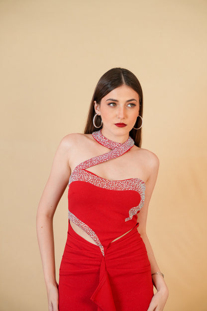 Red Embellished Cutout Slit Gown