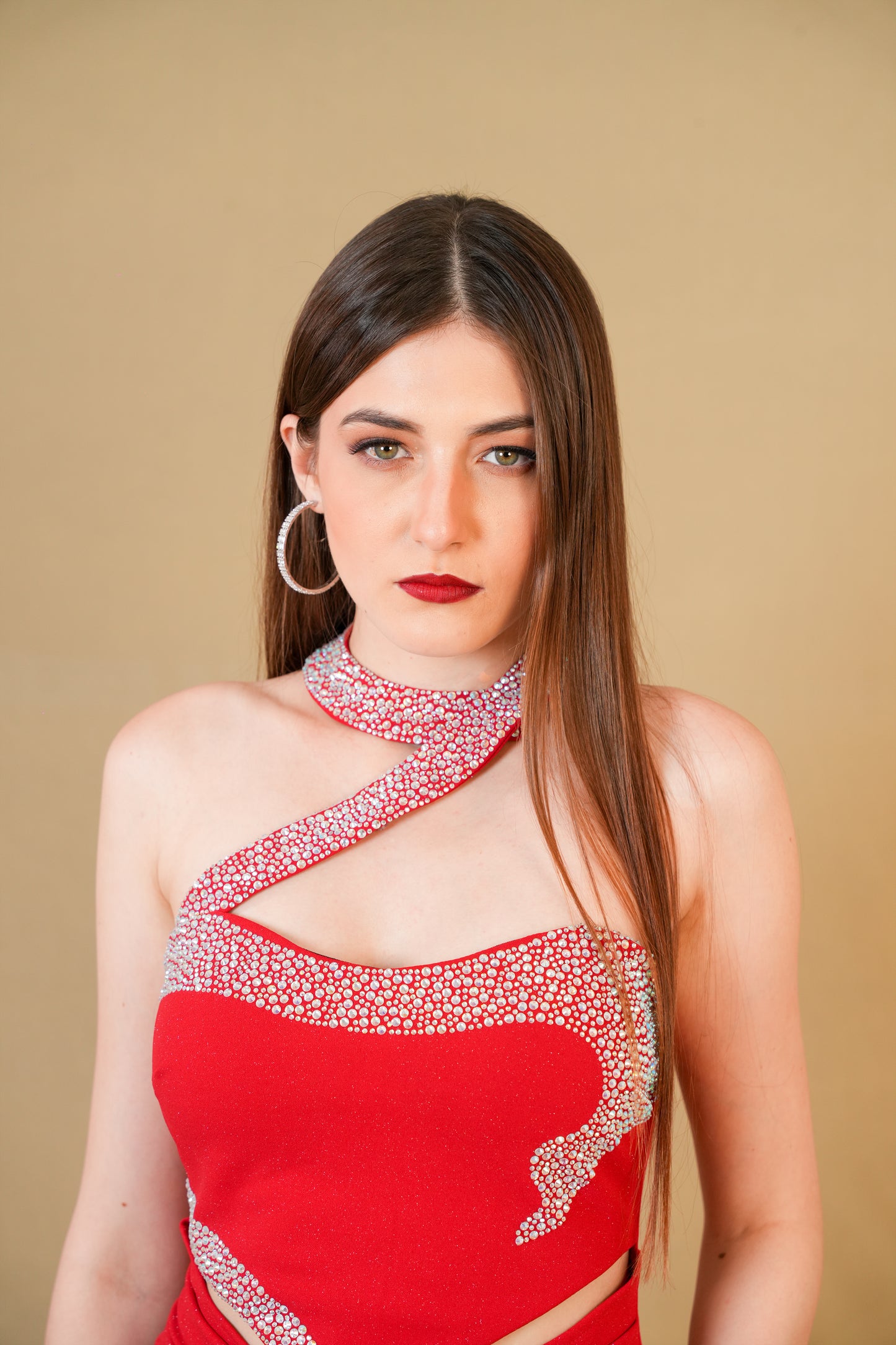 Red Embellished Cutout Slit Gown
