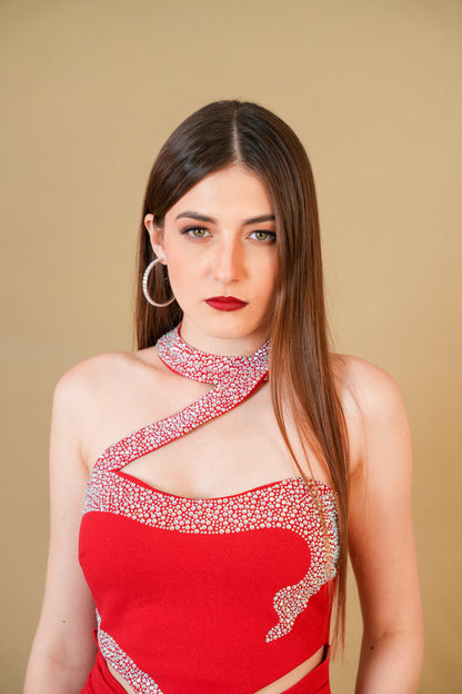 Red Embellished Cutout Slit Gown
