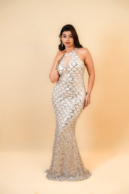 Champagne Silver Sequin Halter Neck Gown