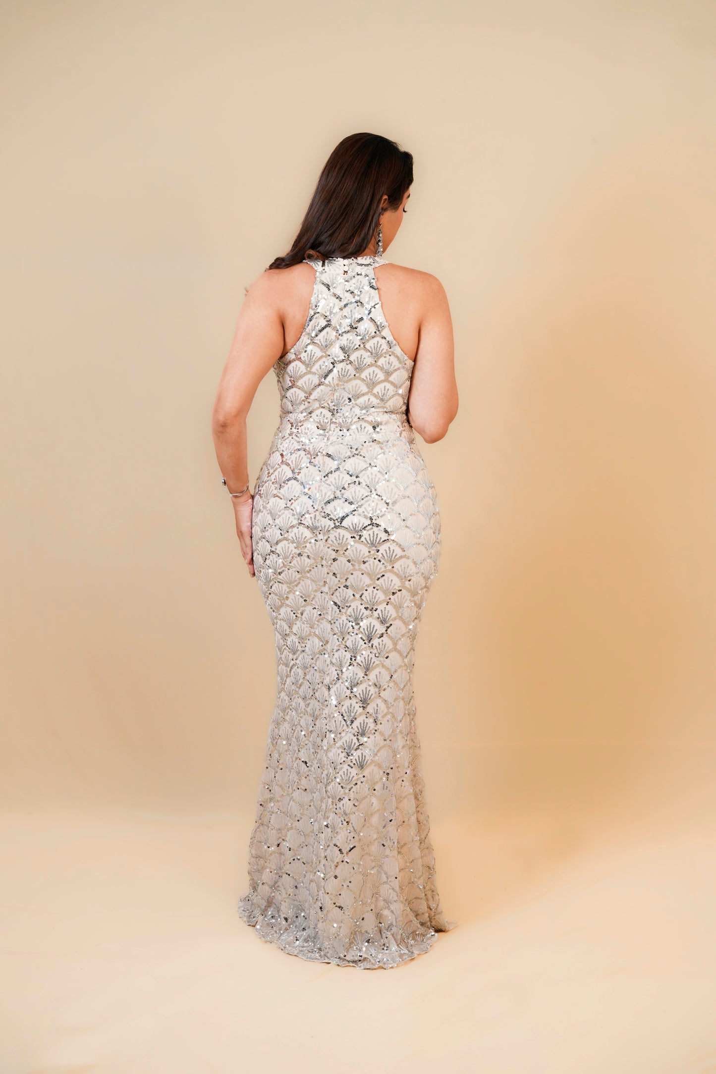 Champagne Silver Sequin Halter Neck Gown
