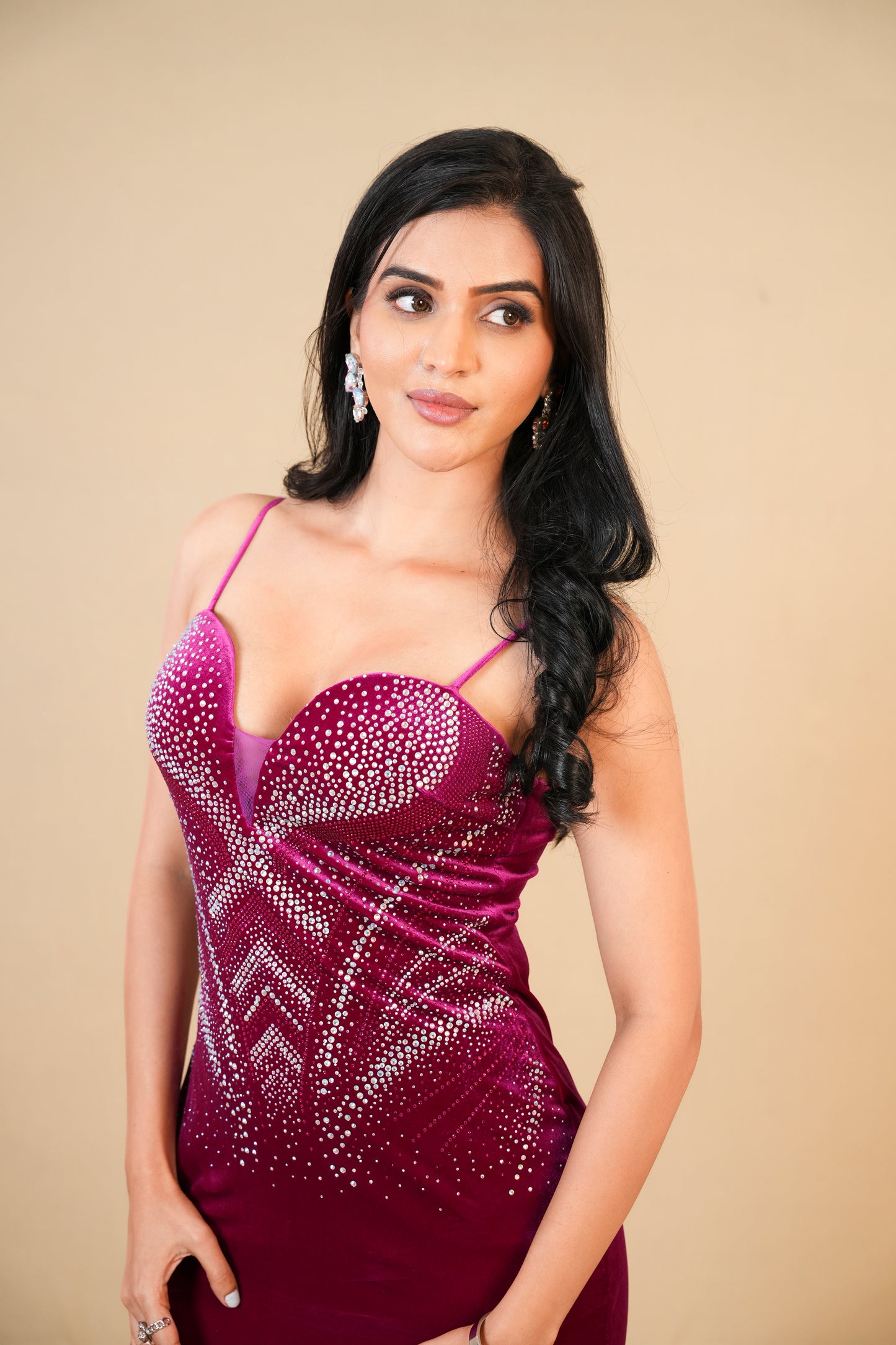 Burgundy Wine Velvet Embellished Bodycon Dress