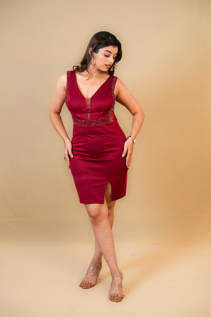 Maroon Embellished Bodycon Dress