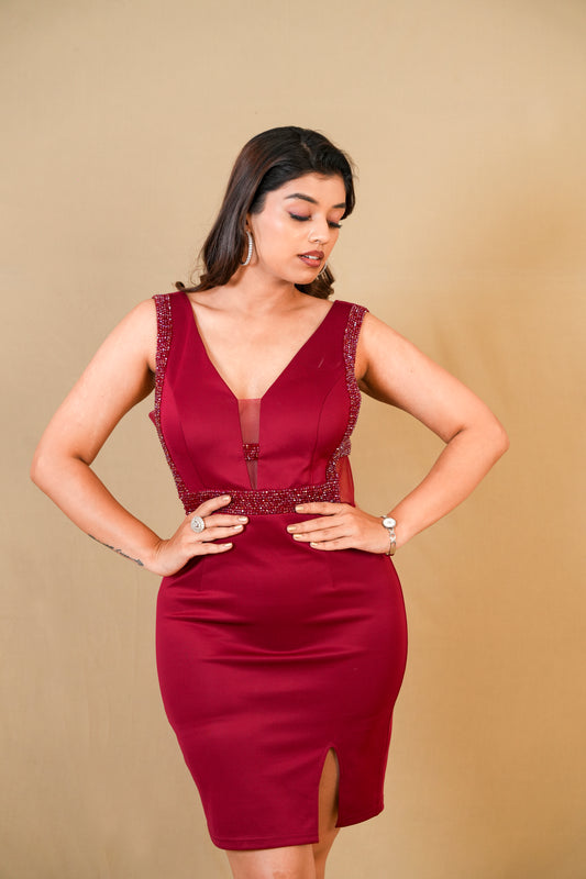 Maroon Embellished Bodycon Dress