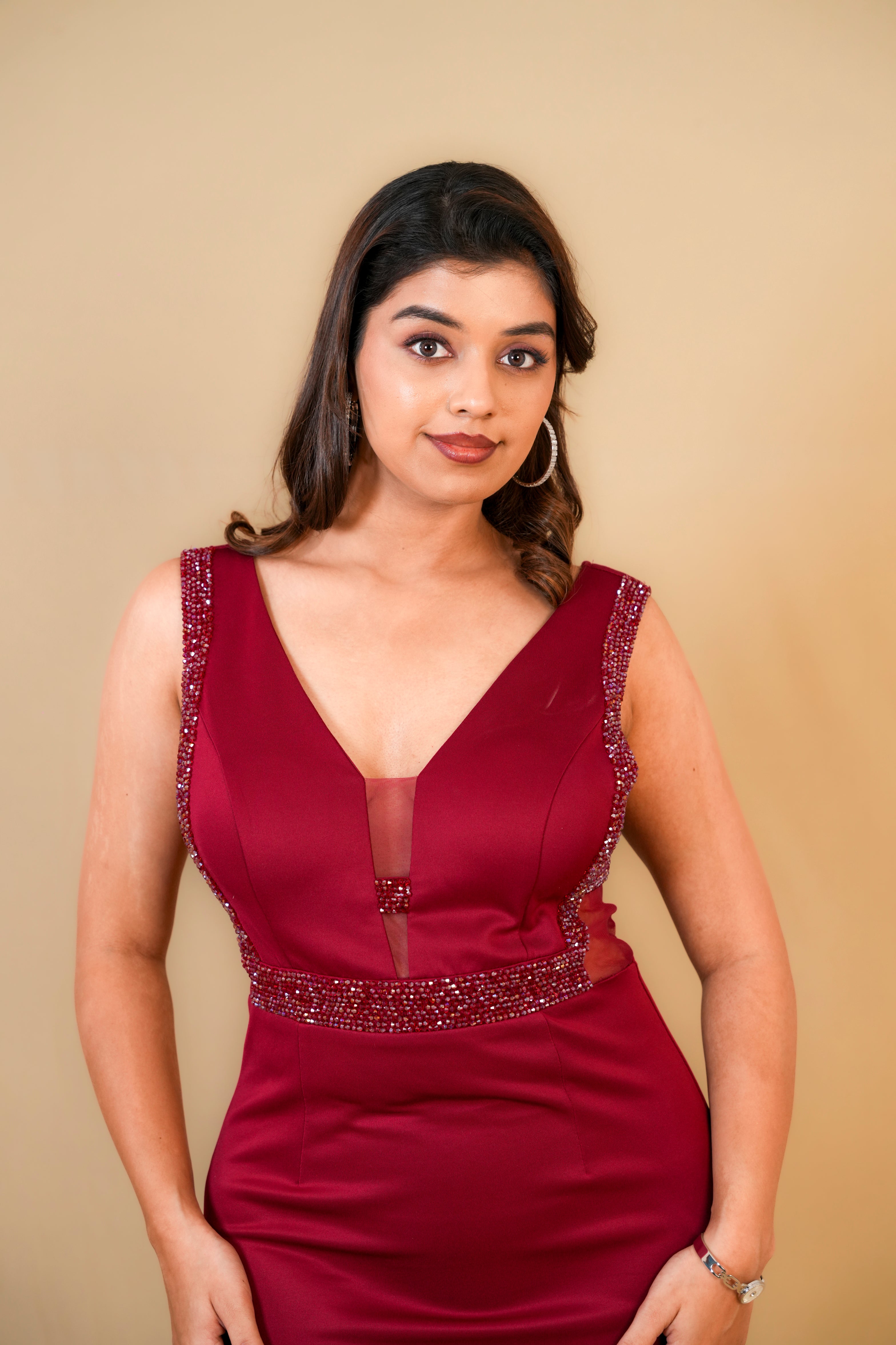 Maroon Embellished Bodycon Dress