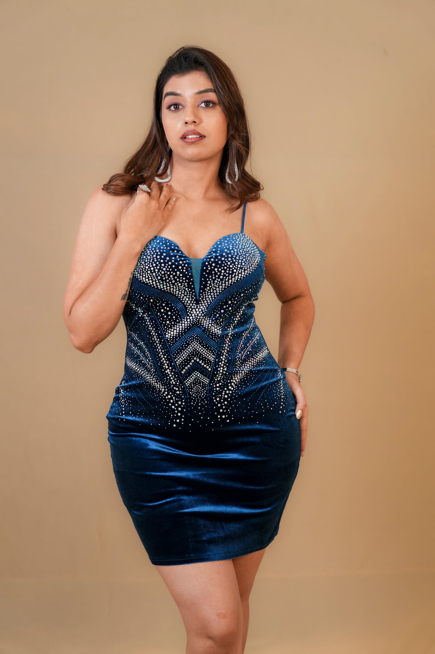 Navy Blue Velvet Embellished Bodycon Dress
