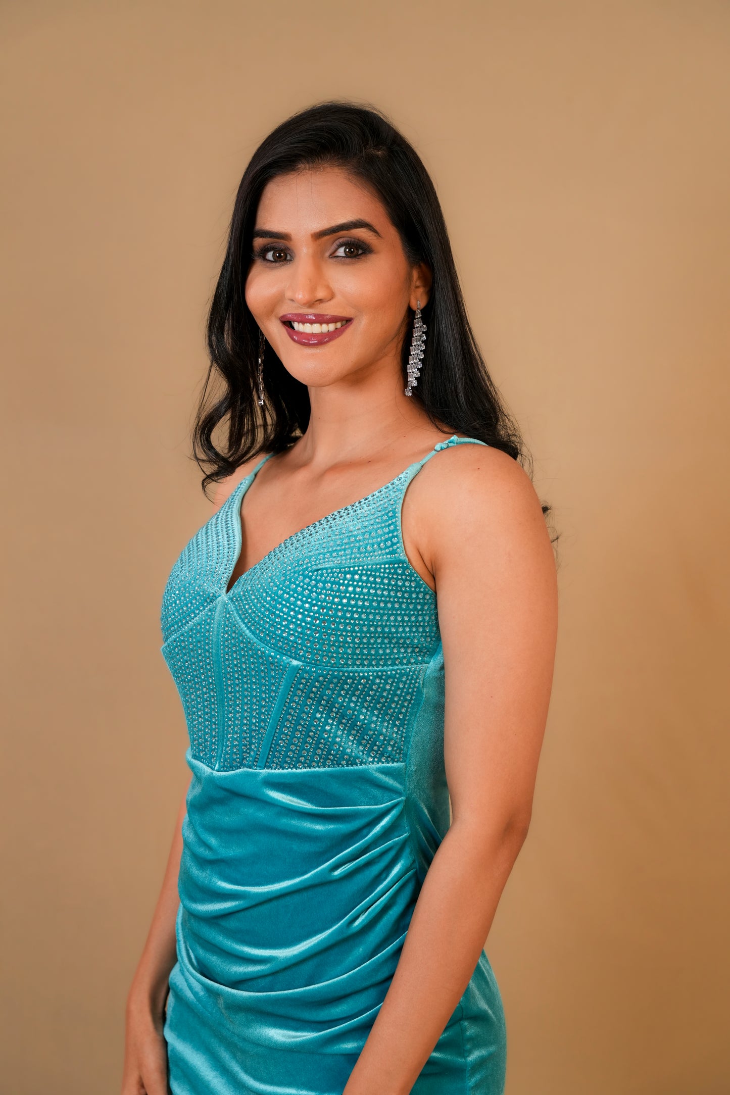 Aqua Blue Velvet Embellished Bodycon Dress