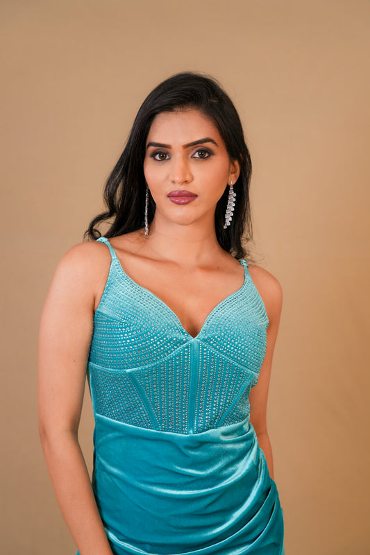 Aqua Blue Velvet Embellished Bodycon Dress