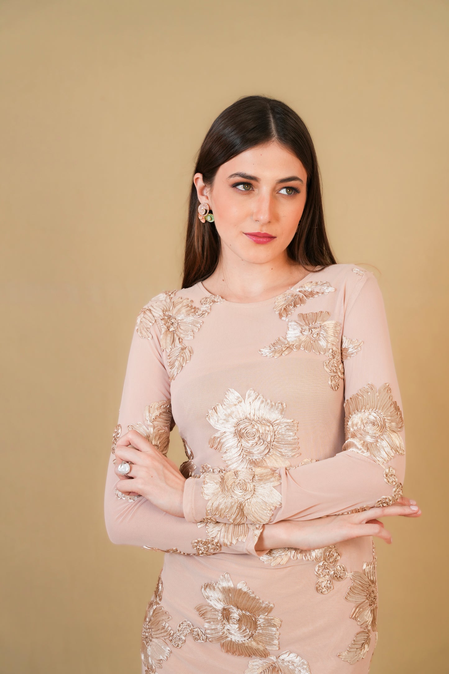 Gold Sequin Embroidered Mini Dress