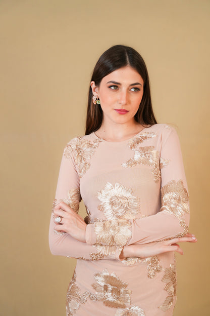 Gold Sequin Embroidered Mini Dress