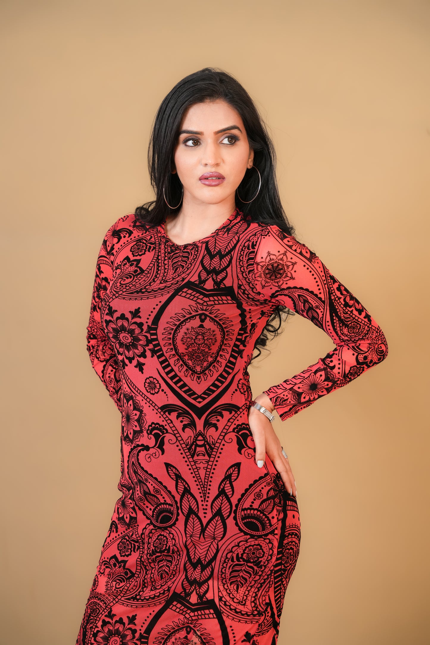 Red and Black Velvet Net Bodycon Dress