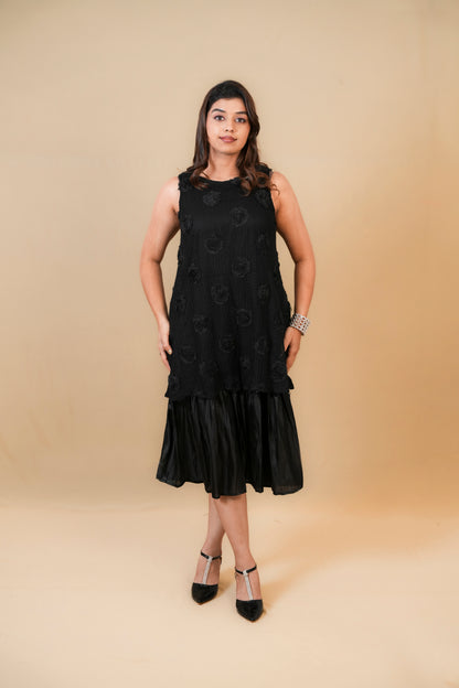 Black Textured Midi Dress with Layered Hem