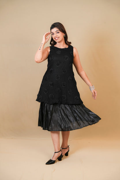 Black Textured Midi Dress with Layered Hem