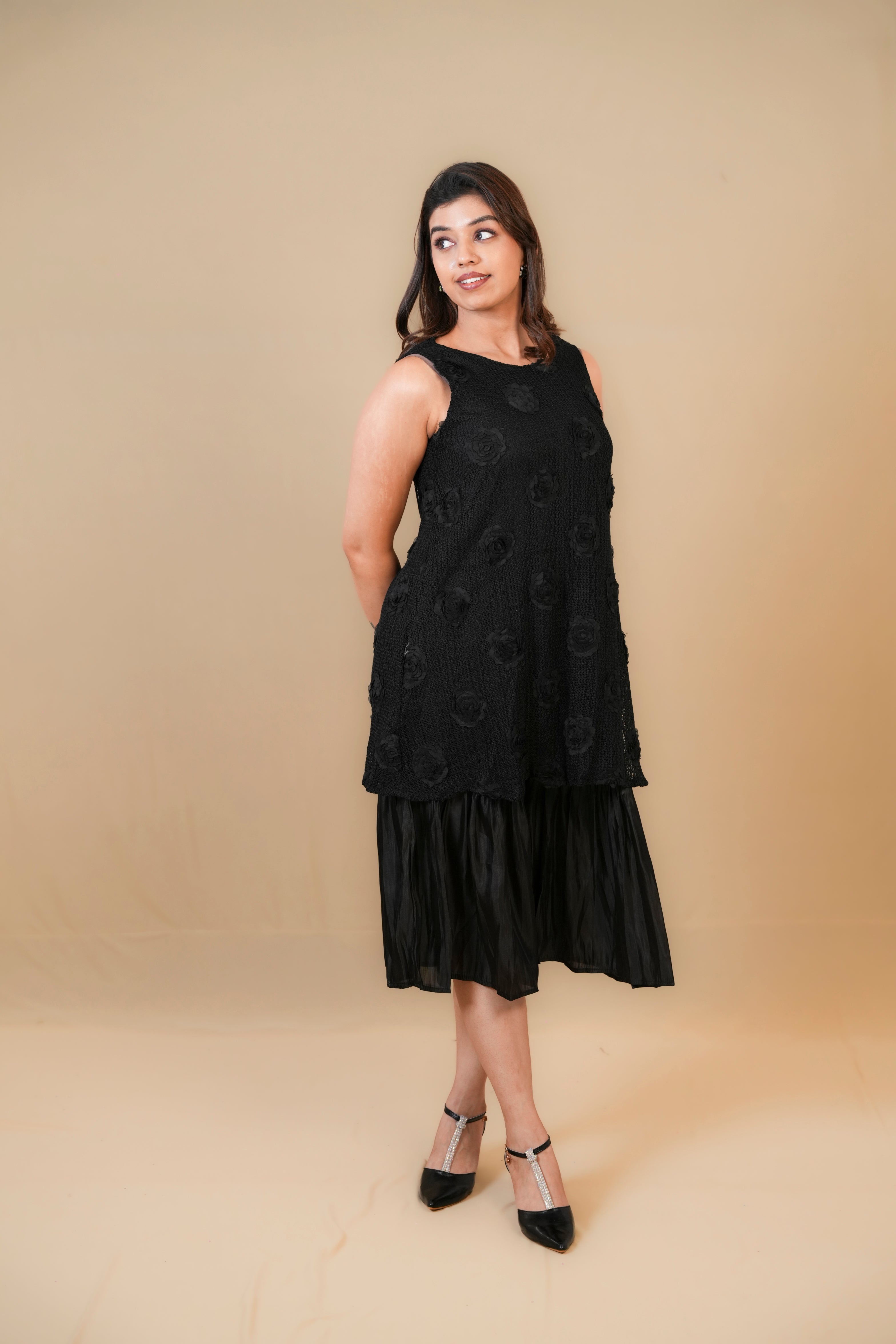 Black Textured Midi Dress with Layered Hem