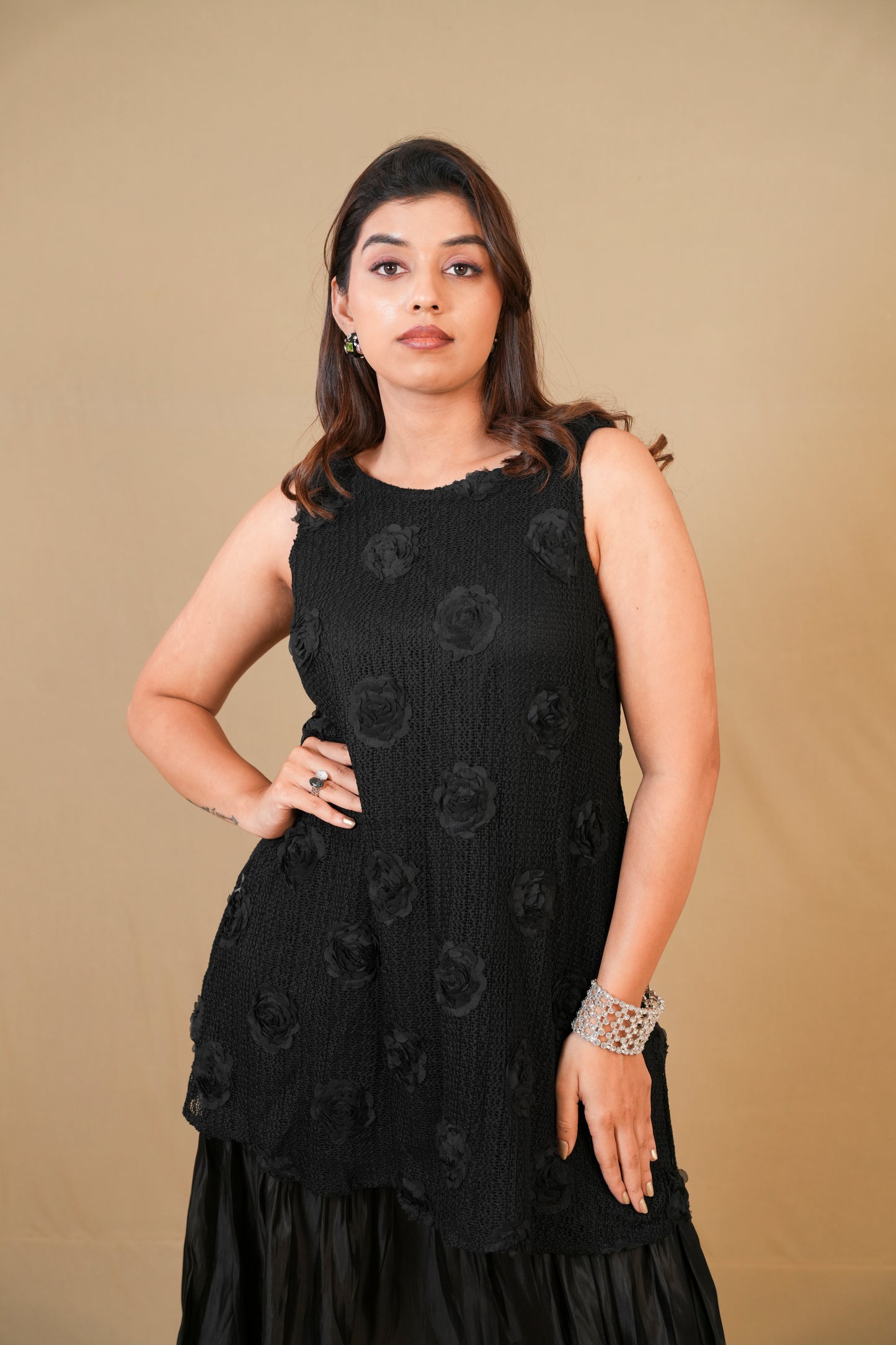 Black Textured Midi Dress with Layered Hem