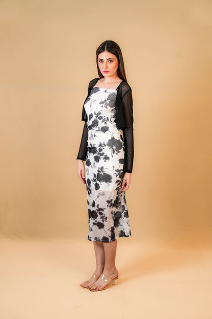 Black and White Floral Midi Dress with Sheer Shrug