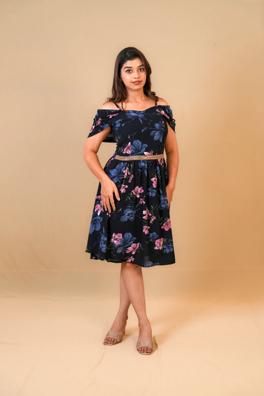 Navy Blue Floral Off-Shoulder Fit & Flare Dress