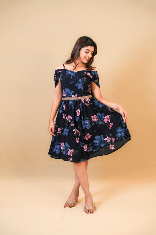 Navy Blue Floral Off-Shoulder Fit & Flare Dress