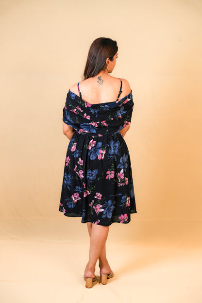Navy Blue Floral Off-Shoulder Fit & Flare Dress