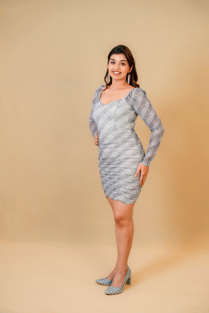 Grey Ruched Bodycon Dress with Long Sleeves