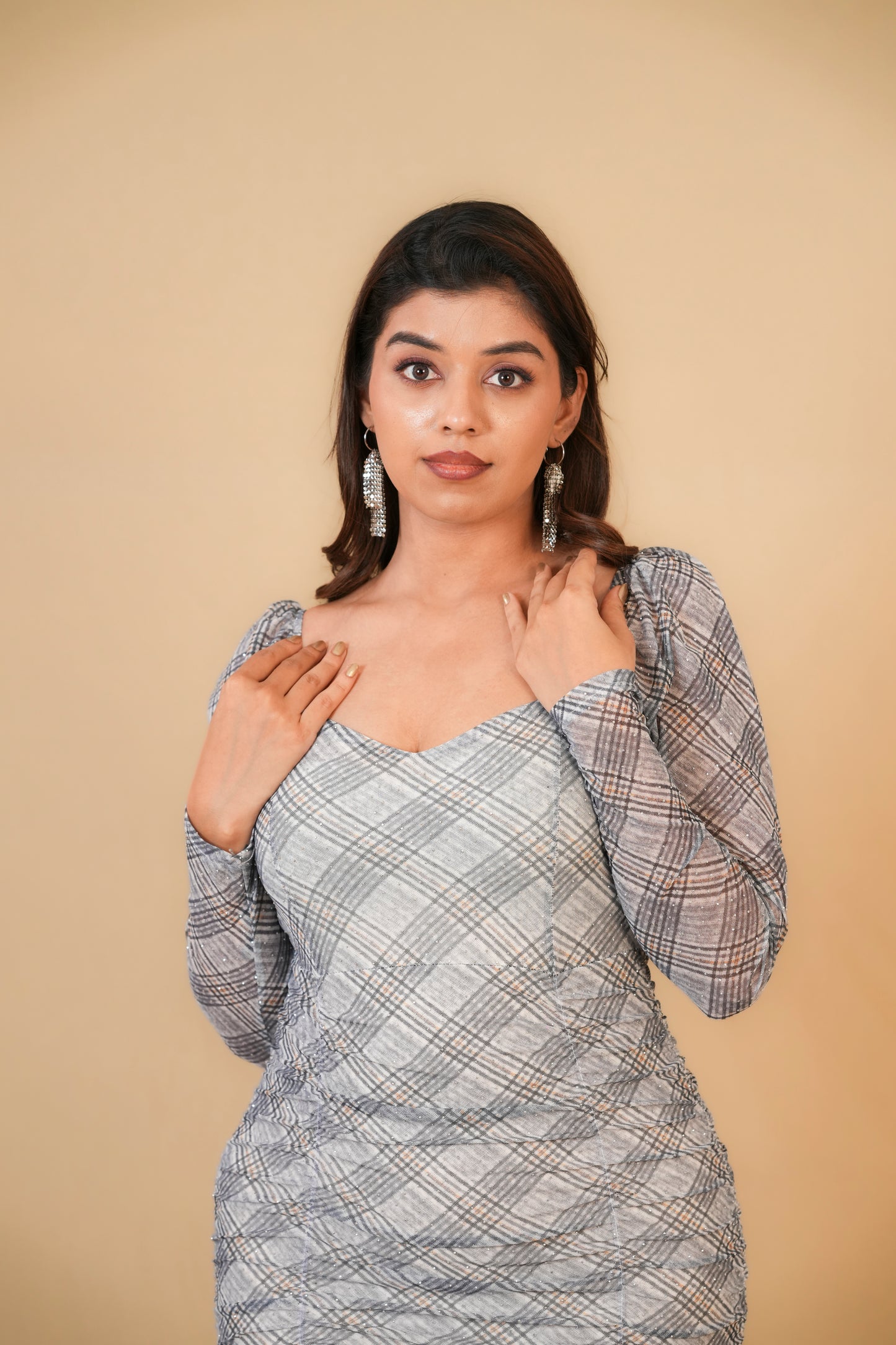 Grey Ruched Bodycon Dress with Long Sleeves