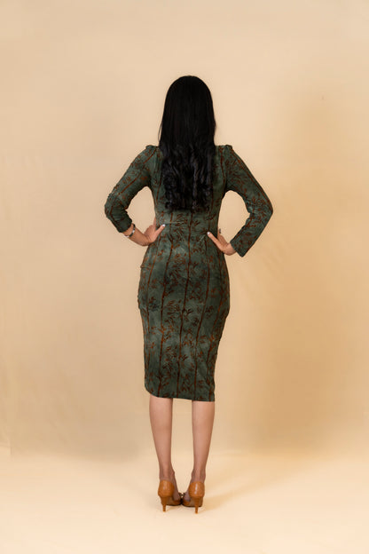 Olive Green Textured Bodycon Dress with Front Slit