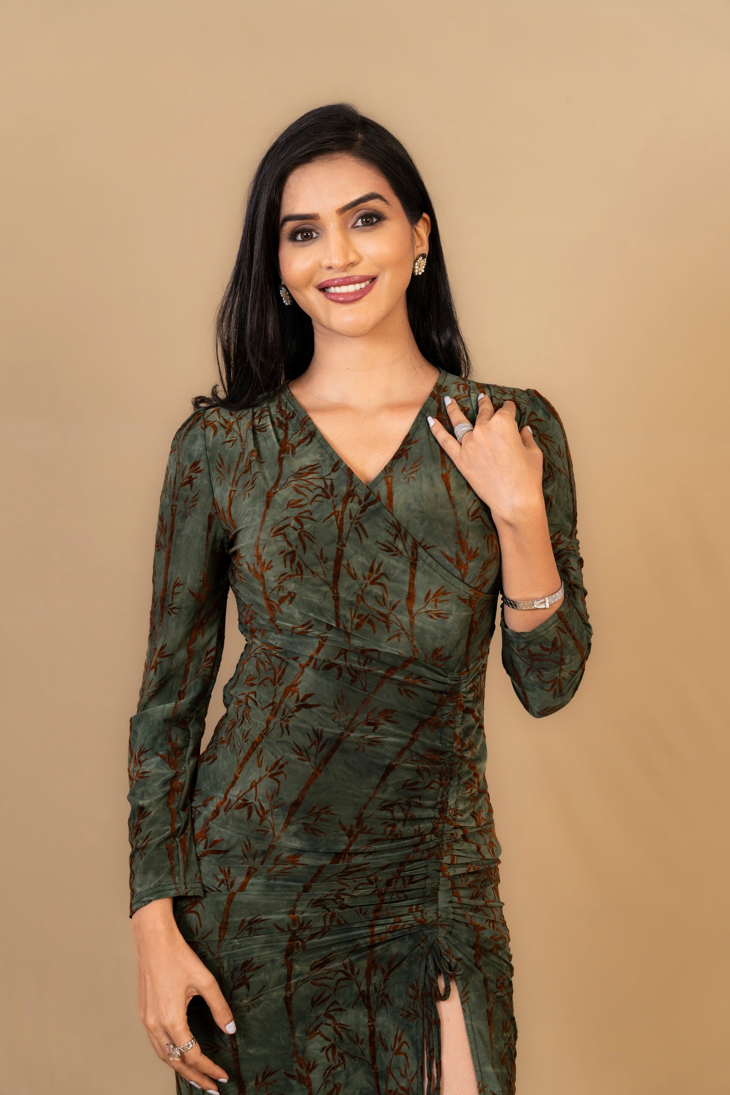 Olive Green Textured Bodycon Dress with Front Slit