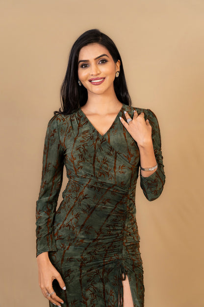 Olive Green Textured Bodycon Dress with Front Slit